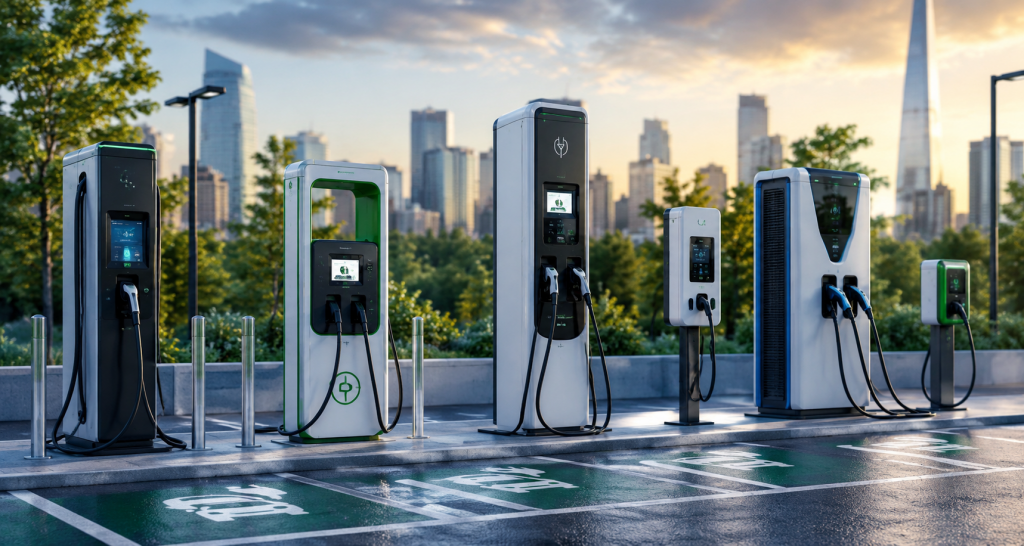 row of ev chargers